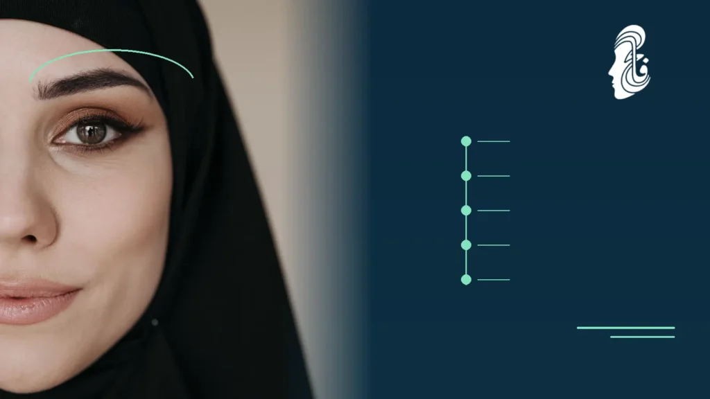 صورة توضيحية لعين وحاجب امرأة محجبة مع مخطط بخمس نقاط لمقال خطوات عملية رفع الحاجب الجراحية